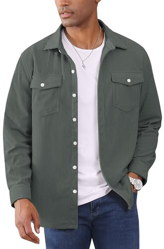 EKLENTSON Mens Corduroy Jacket Button Down shirts Casual Vintage Long Sleeves Jackets with Chest Pocket Dark Grey XL