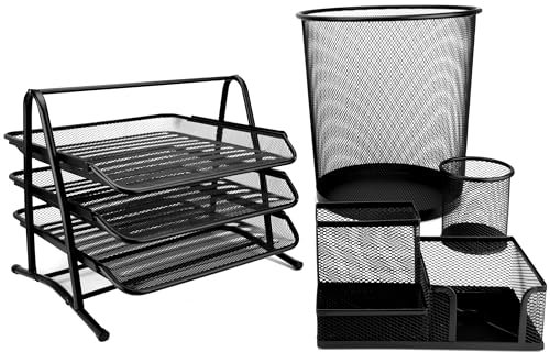 D.RECT Ensemble de Bureau en Métal: Poubelle de Bureau 12L, Corbeilles à Courrier, Organiseur de Bureau, Pot à Crayons - Kit D'organisation du Bureau