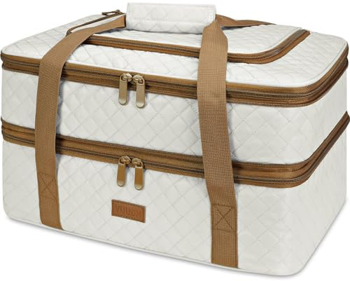 Vuudh Quilted Insulated Double Casserole Carrier - Thermal Lunch Tote for Potluck Parties, Picnic, Beach, Fits 9 x 18 Inches Baking Dish, Casserole Dish, Expandable (Beige)
