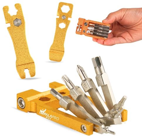 IMPALAPRO Multiherramienta bicicleta 20 en 1 ultraligera y compacta (117,5g) fabricada con aleación de Cromo-Vanadio (CRV) - Kit Herramientas Bicicleta MTB incluye tronchacadenas bicicleta (Dorado)