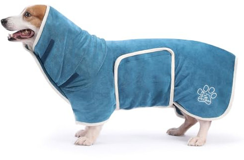 PETTOM Hundebademantel Mikrofaser, Bademantel Hund Extra Saugfähig und Schnelltrocknend, Hunde-Bademantel für Kleine Hunde mit Klettverschluss und Hohem Kragen (Blau, S)