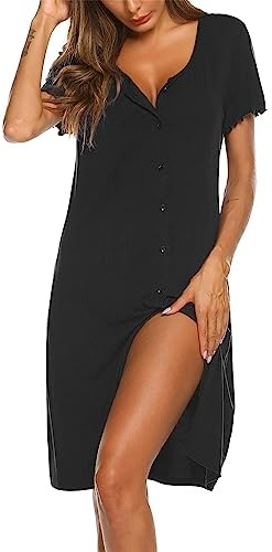 Ekouaer Nightdress for Women UK Short Sleeve Nightshirt Button Down Nightgown Sleepwear Summer Sleepshirts, Black XXX-Large