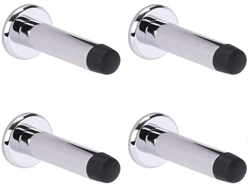 DIRECT DOOR HANDLES® (Pack of 4no.) 75mm Projection Skirting or Wall Mounted Door Stop Concealed Fix with Rubber Buffer in Polished Chrome with Fixing Screws