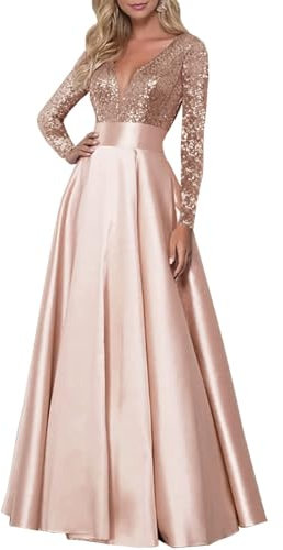 Générique Robes De Bal à Manches Longues pour Femmes Col en V Satin Robe De Bal à Paillettes Scintillantes avec Poches Robes De Soirée Formelles Rose Gold 7XL