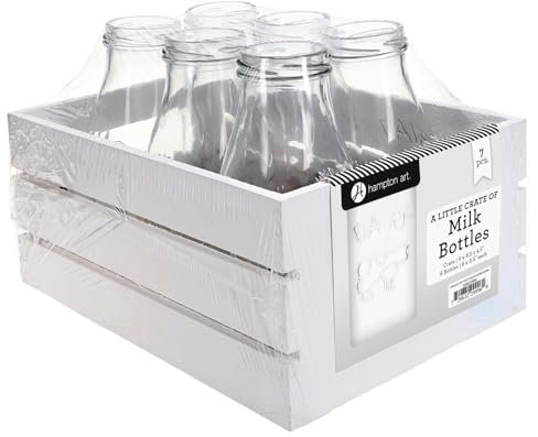 Hampton Art Little Crate of Milk Bottles 7 piezas, tarro de leche, botellas de vidrio de leche, tarros de leche de vidrio, botella de leche de vidrio, botella de leche vintage, botellas de vidrio para
