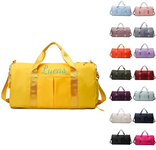 Personalisierte Sporttasche, Gestickt Gym Tasche Damen 35L, Gelb | Reisetasche Mit Nassfach & Schuhfach Reisetasche, Sporttasche Mädchen, Duffel Bag Weekender Trainingstasche Damen