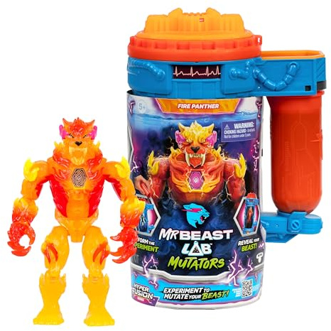 MrBeast Lab Hyper Fusion Mutators, experimentieren und Fire Panther erschaffen, Mutationsflüssigkeit zufügen; Fingerabdruckscanner drücken und Panther enthüllen, 20+ bewegliche Gelenke