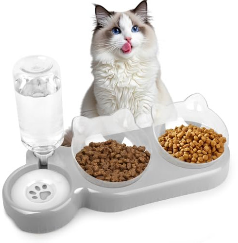 TNOMSNO 3 en 1 Comedero para Gato con Bebedero Doble - Cuenco de Alimentación 15° Inclinación Ajustable (Gris)
