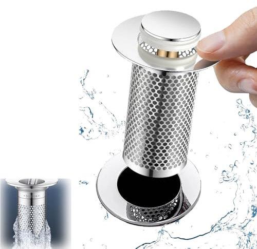 Universal Stainless Steel Drain Strainer, Pop Up Stainless Steel Drain Strainer, Bathroom Sink Drain Strainer with Removable Stainless Steel Filter Basket Hair Catcher(1pc)