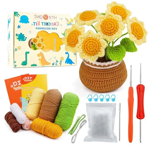 Lonsien Häkeln für Anfänger Sonnenblume Häkelset Kinder Komplett Stricken für Anfänger Set Amigurumi set für Kinder Erwachsene DIY mit Häkelnadeln Garn mit Schritt-für-Schritt Videoanleitungen