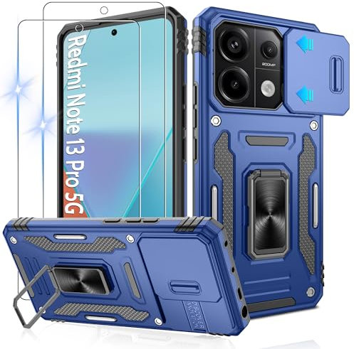 Jshru Handyhülle für Xiaomi Redmi Note 13 Pro 5G /Poco X6 5G Hülle Kameraschutz Slide mit 2 Stück Schutzfolie Stoßfest Schutzhülle,Ring Ständer Case für Redmi Note 13 Pro 5G, Blau