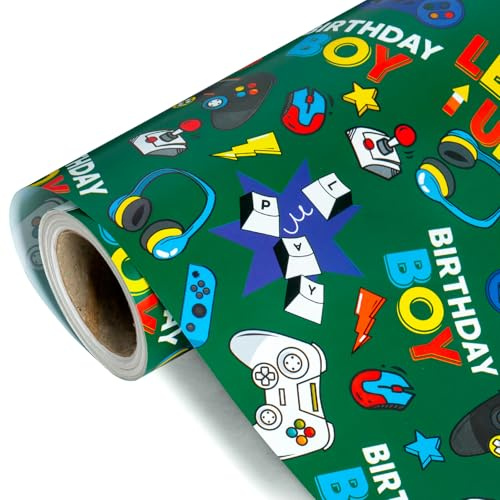 WRAPAHOLIC Gaming Wrapping Paper Roll - Mini Roll - 17 Inch x 9.8 Feet - Green Gaming Boys Kids Happy Birthday Wrapping Paper for Boys Kids Birthday, Baby Shower, Party