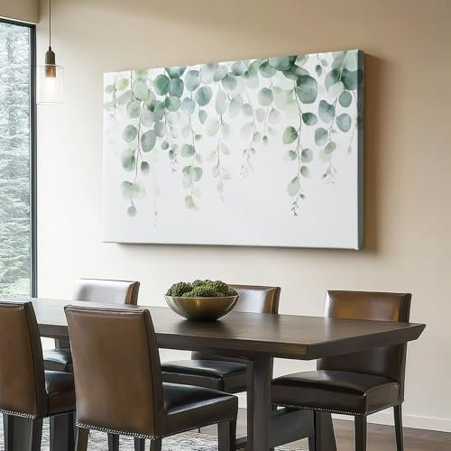 Stampa su tela Botanico Acquerello Foglie Di Eucalipto Quadro 100 x 40 cm (Non incorniciato) parete decorazione per casa ufficio camera da letto Bianco Senza cornice su tela pittura