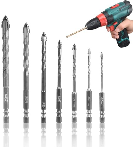 Eccentric Masonry Drill Bits Set, Four Edged Tile Drill Bits for Concrete Glass Brick Cement, Industrial Strength Hex Shank Carbide Tip Concrete Drill Bit Set, 3-12mm Box of 7
