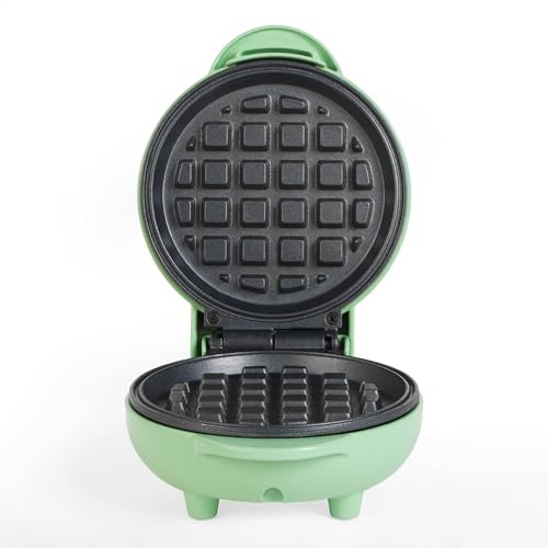 Giles & Posner Mini Gaufrier – Appareil à Gaufres Antiadhésif, Pour Gaufres Belges et Américaines, En-cas Sucrés/Salés Desserts, Compact, Plaque de Cuisson Ronde de 11,5 cm, Vert Pastel