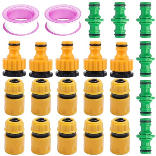 Schlauchverbinder 22 Teiliges Set Gartenschlauch Verbinder Schlauchkupplung 1/2 Zoll Anschluss Set mit Hahnadapter Doppelstecker Dichtband für Garten Bewässerung Verlängerung