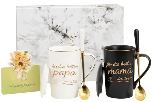 Mama und Papa Geschenke, Mama Papa Kaffeetasse Geschenkset, Muttertag Vatertag Geburtstag Weihnachten Geschenk für Eltern, Weiß und Schwarz Tasse Geschenkset