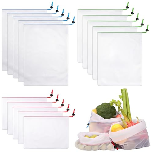15 Stück Obst- und Gemüsebeutel, Wiederverwendbare Netzbeutel mit Kordelzug | Durchsichtige Faltbar Mesh Bag, 3 Größen Einkaufstasche Netzbeutel zur Aufbewahrung von Obst, Gemüse und Spielzeug
