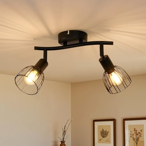 Leselux Deckenstrahler 2 Flammig E14, LED Deckenlampe Strahler Schwarz | Vintage Spots Deckenleuchte 350° Schwenkbar, Metall Deckenspot Wandstrahler für Küche Flur Schlafzimmer, Ohne Leuchtmittel