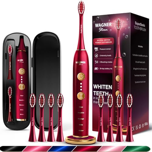 Wagner Stern WHITEN+ – Brosse à dents électrique avec capteur de pression, 5 modes, 3 intensités, 8 têtes souples, moteur puissant, étui de voyage luxe inclus (Cramoisi)