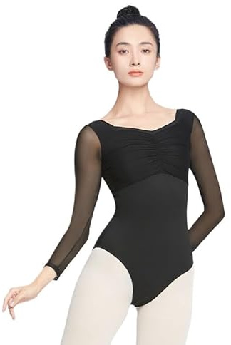 Ballett Trikot Ballett-Trikots for Damen, Erwachsene, Gymnastik, Yoga, Ballerina, Tanz-Bodysuits, Patchwork-Mesh, Langarm, eckiger Kragen