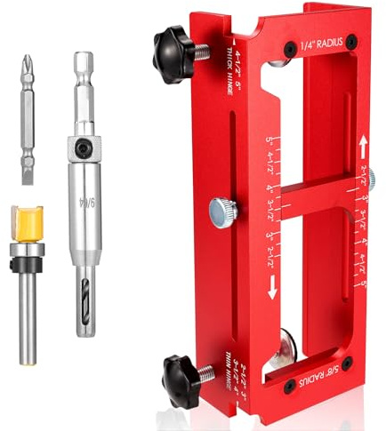 Door Hinge Jig Kit, Premium Aluminum Alloy Router Template Adjustable Mortise Jig Fits 2.5 to 5 Cabinet Kitchen Trend Hinges Compatible with 1/4 & 5/8 Radius and Square Corner Types Fitting Tools