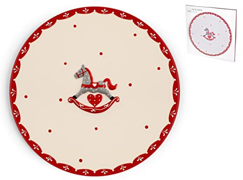 H&H Cavallino Piatto Torta Tondo, Ceramica, Bianco e Rosso
