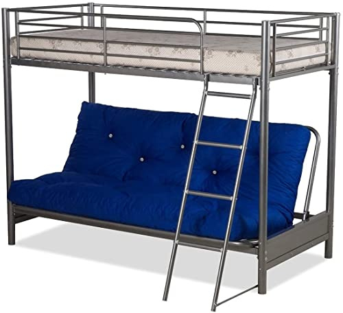 Humza Amani Futon Bunk Bed – Silver Metal Frame with Navy Futon Mattress – 3FT Top Bunk & 4FT6 Convertible Sofa Bed – Space-Saving, Sturdy Option for Modern Guest Spaces