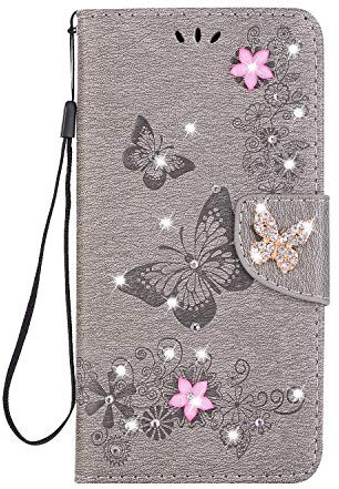 Mo-Somnus für iPhone XS Hülle [inklusive Displayschutz aus], glitzernde Glitzer-Blumen-Schmetterlings-Design, Brieftasche, PU-Leder-Flip Schutzhülle für iPhone XS/iPhone X – 5,8 Zoll (Grau)