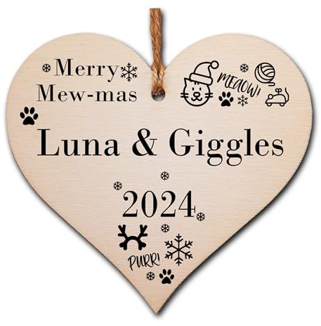 Personalised Handmade Christmas Hanging Wooden Heart Plaque Decoration Gift Merry Mew-mas for cat lovers to hang on the Xmas tree 2025 or as a gift tag