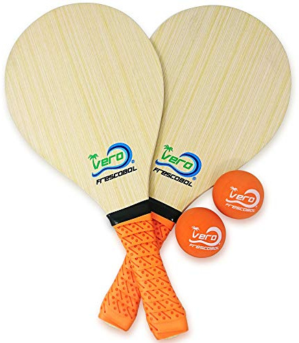 Frescobol Starter Set - 2 Vero Wood Beach Paddles mit Premium Orange gepolsterten Griffen, 2 offizielle orange Bälle, strapazierfähige Tragetasche für Beach Paddle Game