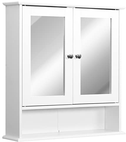 kleankin Specchio Bagno Contenitore con Ante e Ripiani Regolabili, Specchiera Bagno in Vetro, Mobiletto Armadietto a Muro con Specchio, 56x13x58cm, Bianco