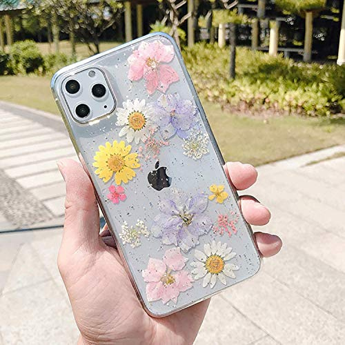 Tybaker iPhone 11 Hülle Echte Blumen HandyHülle Transparent Gummi Kristall Schutzhülle Handgefertigten Bunter Getrocknete Blumenart Case Cover für Apple iPhone 11, Rosa gelb weiß