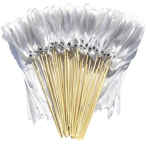 Kingsnow Lot de 50 baguettes de ruban en dentelle blanche avec clochettes argentées, baguette de fées en soie pour mariage, fête, activités, vacances