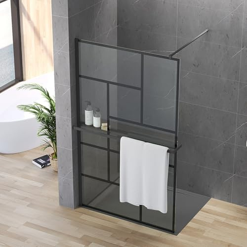 AQUABATOS Walk-in Dusche Schwarz Dekor Kariert Design 100 x 200 cm Duschwand Glas mit Handtuchhalter und Duschablage Duschabtrennung 8 mm Sicherheitsglas klar NANO-Beschichtung leicht zu reinigen