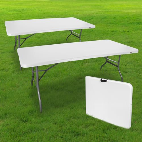 Lot de 2 Tables Pliantes de Camping 180 cm Rectangulaire Blanche - Table de Jardin 8 personnes L180 x l74 x H74cm en HDPE Haute Densité Épaisseur 3,5 cm - Pieds en Acier Pelliculé Gris