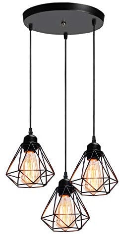 iDEGU 3-flammig Pendelleuchte Schwarz 16cm Industrial Hängelampe aus Metall Käfig Lampenschirm Retro Kronleuchter E27 Fassung Vintage Hängeleuchte für Esszimmer Küche Schlafzimmer Wohnzimmer (Rondell)