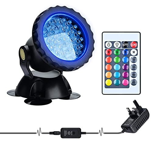 Lychee RGB Projecteur Aquarium,sous-Marine Eclairage Submersible pour Poisson, LED étanche IP68 Lampe Angle Réglable Lumière avec Télécommande pour Jardin Pond Piscine Fontaine (1 Pack)