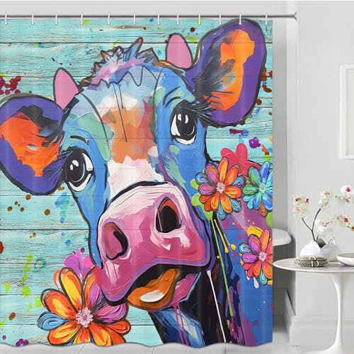 Bauernhof-Kuh-Duschvorhänge, Aquarell, Rinder, Bauernhof, Tier auf rustikalem Holzbrett, bunter Bull-Badvorhang, Stoff, Bauernhaus, Duschvorhang, Badezimmer-Dekor mit 12 Haken inklusive
