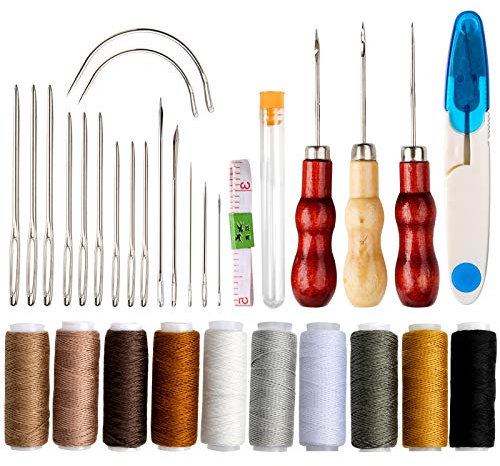 32Stücke Leder Nähwerkzeug Set Nähen Leder Bastelwerkzeug Wachsfaden Leder Handnähwerkzeug Kit für Leder Polster Teppich Leinwand DIY Nähzubehör