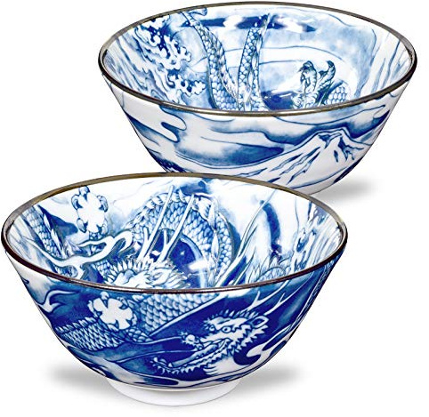Mino Ware Japanese Rice Bowl, Rice Ramen Noodle Soup Sarada Pasta, Blue Dragon Design Chawn, 2.5 inch 8.8oz, Set of 2