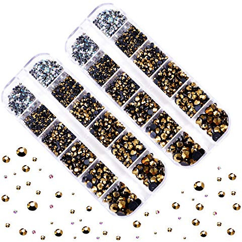 BLINGINBOX DMC Hotfix Rhinestone 2 Box Total 5200 Pieces Mixed Size Round Crystals Glass Gems for Costume Jewelry Making (Mine Gold)