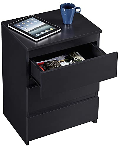 Yaheetech 2X Mesitas de Noche Negras con 3 Cajones Mesas Auxiliares | de Madera Estilo Moderno para Sala de Estar 45 x 35 x 60,5 cm Dormitorio Salón