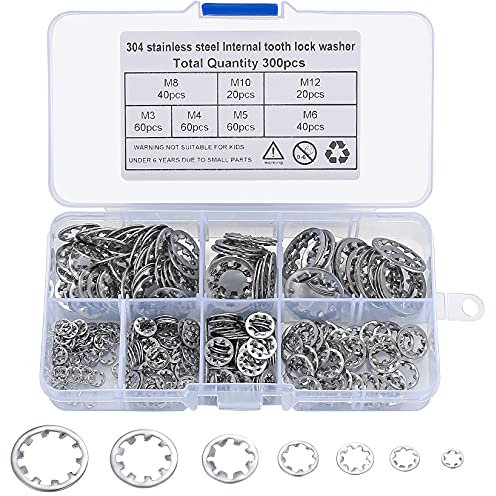 300 Pcs Internal Star Tooth Lock Washers, 304 Stainless Steel Starlock Washer, Quick Speed Push On Speed Clips Fasteners Locking Washers Assortment - M3/M4/M5/M6/M8/M10/M12