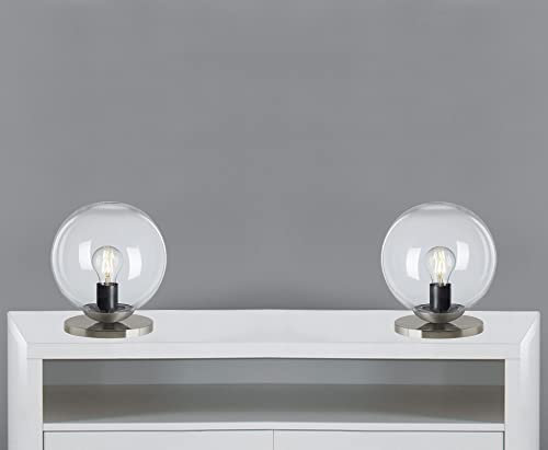 Trango 2er Pack 7010C Retro Nachttischlampe *SUN* Glaskugel Tischleuchte in klar inkl. Kabelschalter & E27 Lampenfassung, Fensterbank Leuchte, Schreibtischleuchte, Tischlampe ohne Leuchtmittel