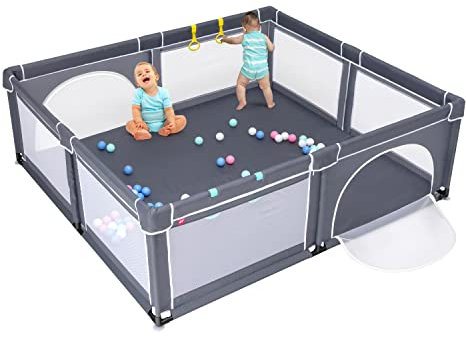 COSTWAY 206 x 185,5cm Baby Laufstall mit 50 Spielbällen, Laufgitter mit atmungsaktivem Netz und Reißverschluss, Krabbelgitter mit 2 Türen, Laufgitterzelt für Säuglinge und Kinder (Dunkelgrau)