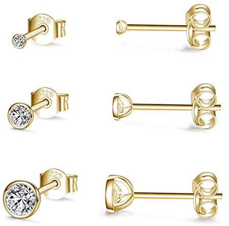 Golden Ohrstecker Silber 925 Vergoldet 3 Paar Klein Sterling Silber Stecker Ohrringe Set mit Zirkonia Schlafen Knorpel Tragus Modeschmuck für Damen Herren Geschenke 3/4/5mm