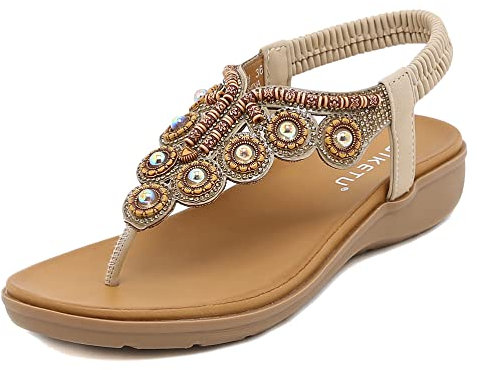 SMajong Sandales Femmes Plates Mode Bohême Strass Fleurs Tongs Confortable Bout Ouvert Chaussures de Plage Vacances