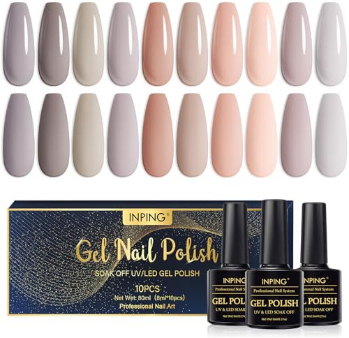 INPING UV Nagellack Set, 10 Farben Nudetöne Braun Gel, Soak-Off UV Nagellack Nude Gel Geschenk für Starter Nail Art Salon DIY Home, 8ML