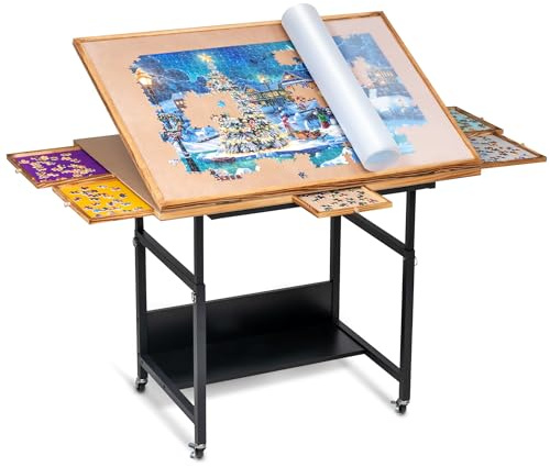 Becko US Jigsaw Puzzle Table with Drawers & Cover, Puzze Easel Tilting Table with Height Adjustment for Up to 1500 Pieces, Enclosed with 4 Wheels